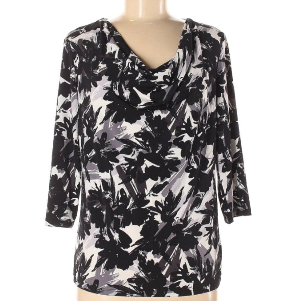 Ellen Tracy Draped Neck 3/4 Black White Floral Top Size Medium